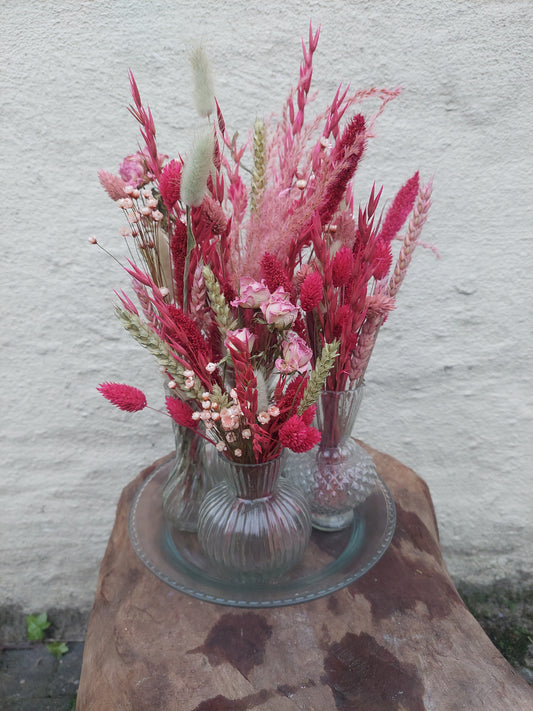 Set van 4 vaasjes met onderbord inclusief droogbloemen roze rood