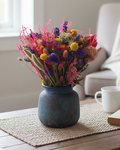 Klein droogbloemen boeket met craspedia en roze accenten in donkerblauwe vaas