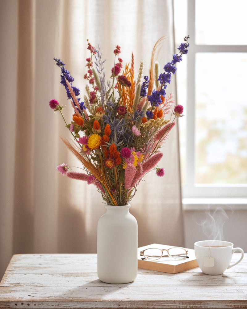 Luxe droogbloemen boeket met statice, craspedia en warme tinten voor interieurdecoratie.