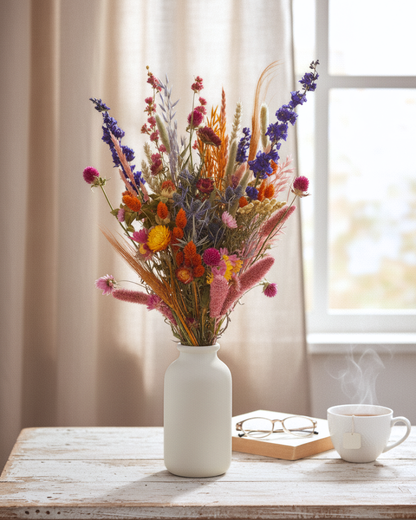 Luxe droogbloemen boeket met statice, craspedia en warme tinten voor interieurdecoratie.