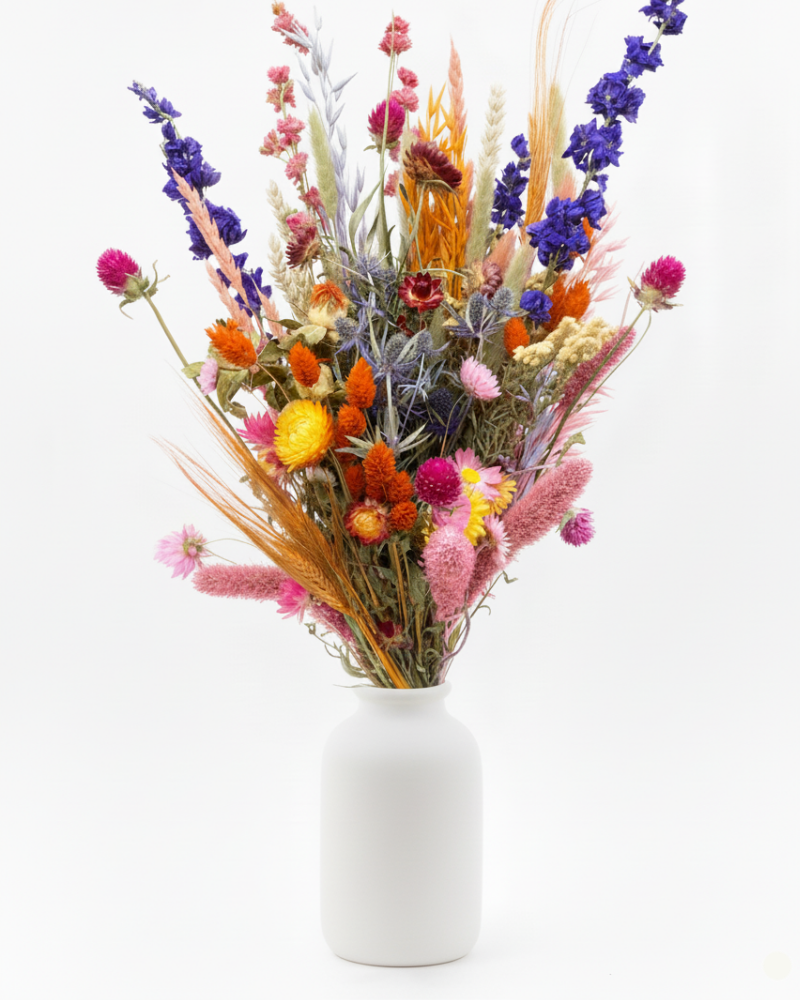 Luxe droogbloemen boeket met statice, craspedia en warme tinten in studiolicht.