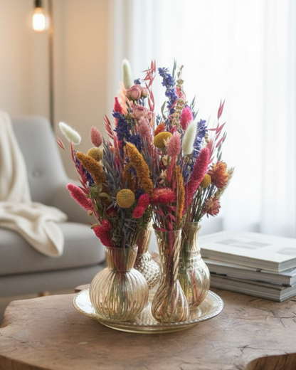 Set van 4 glazen vaasjes inclusief onderbord en droogbloemen bont