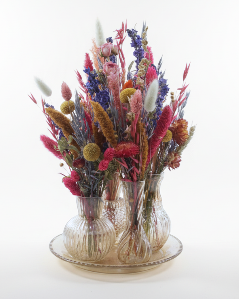 Set van 4 glazen vaasjes inclusief onderbord en droogbloemen bont